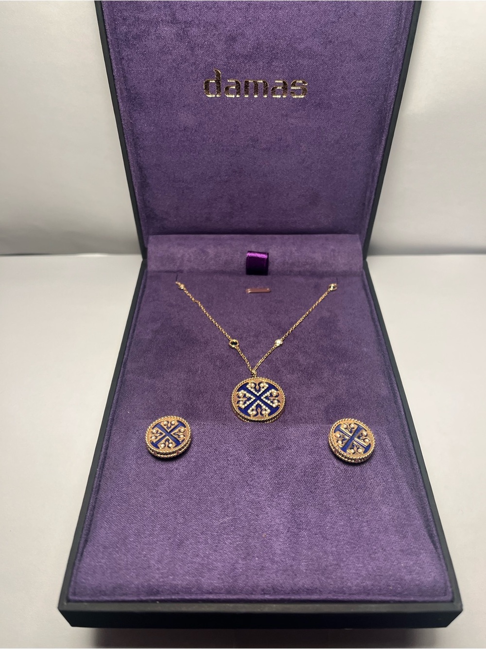 18K Gold Necklace and Earring Set with Lapis Lazuli Blue Stone Pendant